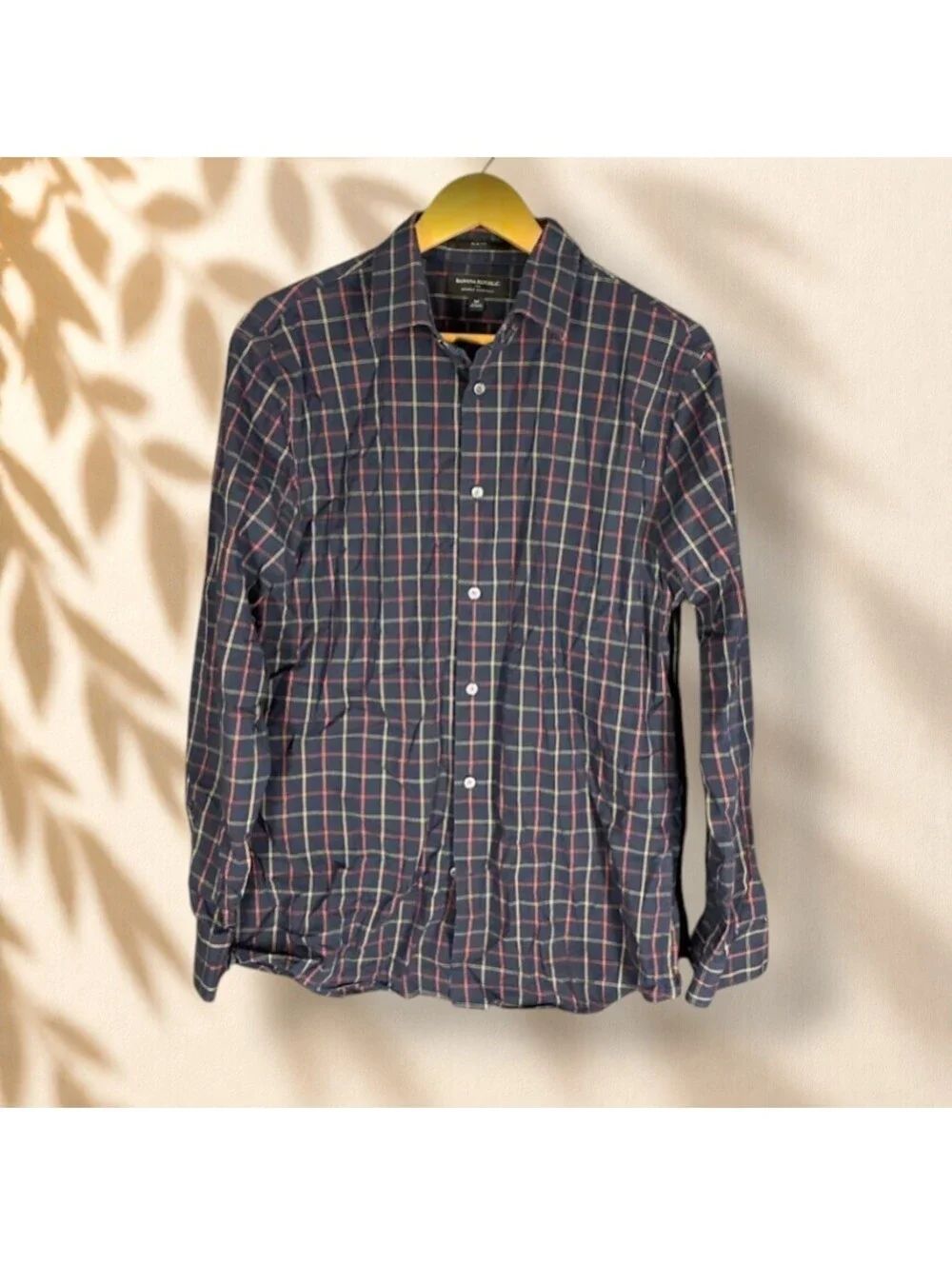 Banana Republic Shirt Men M Medium Blue Plaid Button Up Wrinkle Resistant Slim